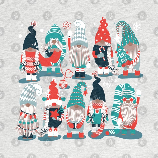 Let it gnome // spot // dark teal background little Santa's helpers preparing for Christmas neon red mint dark green and duck egg blue dressed gnomes by SelmaCardoso